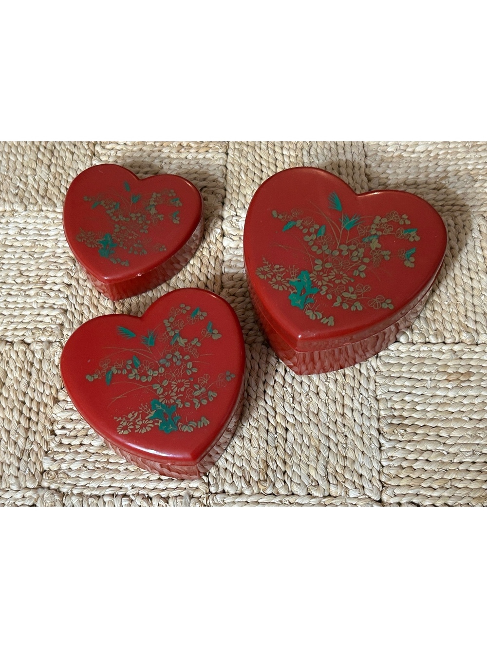 Vintage Set of 3 Red Heart-Shaped Decorative Nesting Boxes with Floral Design
